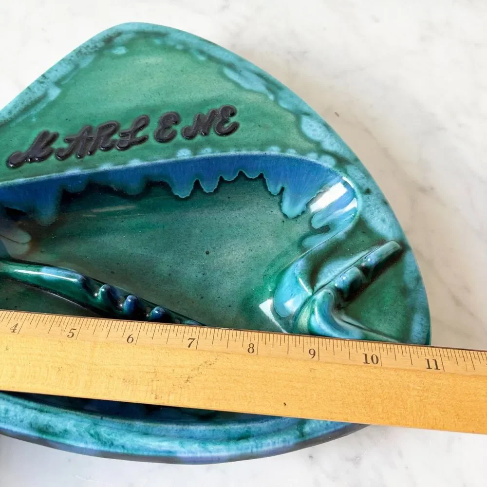 Vintage 1964 Handmade Pottery Ashtray MARLENE Blue Green Drip Glaze Signed